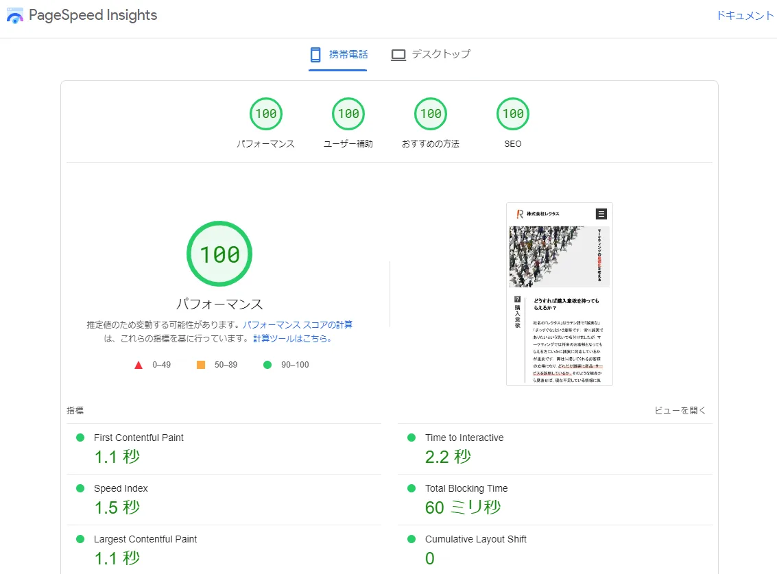 PageSpeed Insights 100点